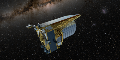 Euclid mission in space, with the spacecraft's sunshield visible.